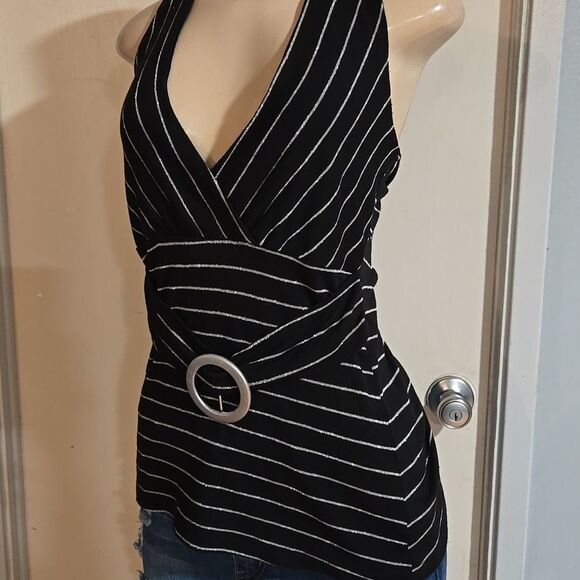 Black and White Striped Halter Top Med - Picture 2 of 7